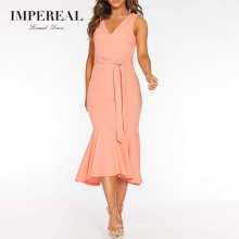 Peach V Neck Fishtail Midi Trending Women Set Formal Prom Dress